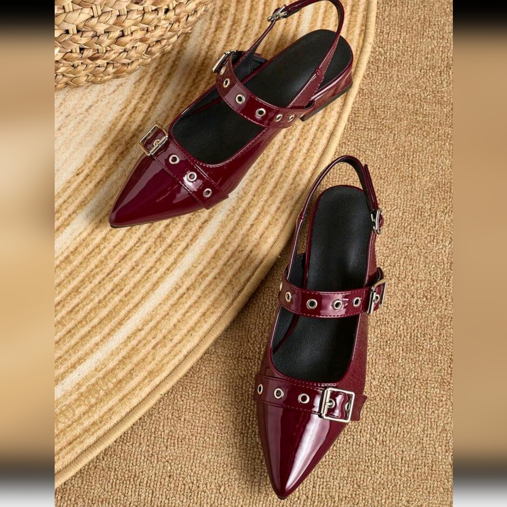 Women Rivet Pointed Toe Block Heel Mules Loafers, Burgundy - Picture 4 of 8